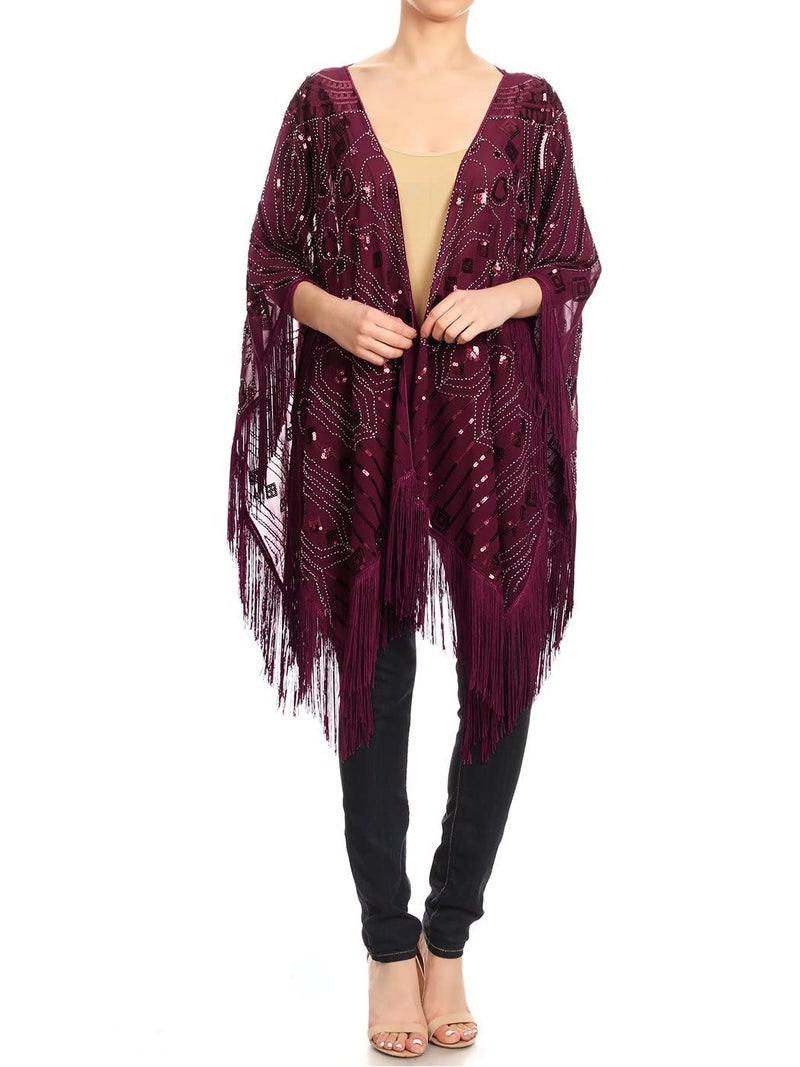 Anna-Kaci Womens Oversized Gatsby Hand Beaded Fringed Sequin Evening Shawl Wrap, Burgundy, Onesize - Image 1